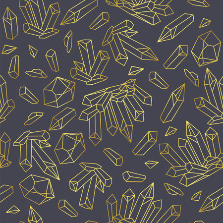 Vector seamless linear golden crystals on a gray background, diamonds, gems, jewels. Golden holiday texture for greeting card, banner, poster, flyer, party invitation, packaging, wrapping paperのイラスト素材