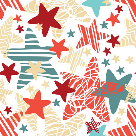 Seamless pattern with beige, red and blue stars on a white background. Symbol stars in colors of American flag, For greeting card, banner, poster, flyer, party invitation, packaging, wrapping paperのイラスト素材
