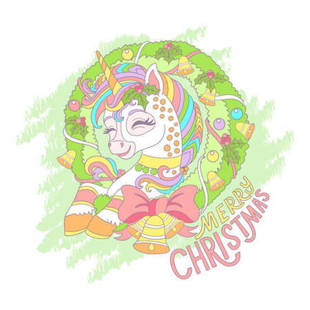 Cute cartoon unicorn in Christmas wreath. Vector illustration in trendy soft colors. Happy New Year card for children. For print, cards, invitation, sublimation, t shirt and clothes designのイラスト素材