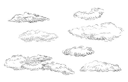 Set of engraving clouds. Hand drawn retro style clouds in different shapes isolated on white background. Design elements. Vector illustration. For prints, design, cards and decorations.のイラスト素材