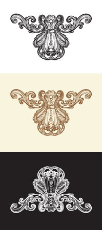 Vintage design elements. Decorative baroque monogram, ornament. Set of vector calligraphy illustration. Sketch of arabesque and flourish motif. For decoration, wedding, print and designのイラスト素材