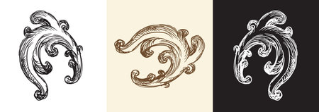Set of antique style swirl decorative design elements. Vintage damask, baroque filigree wedding scroll floral ornaments. Engraving retro pattern. Vector illustration. For decoration, cards, invitationのイラスト素材