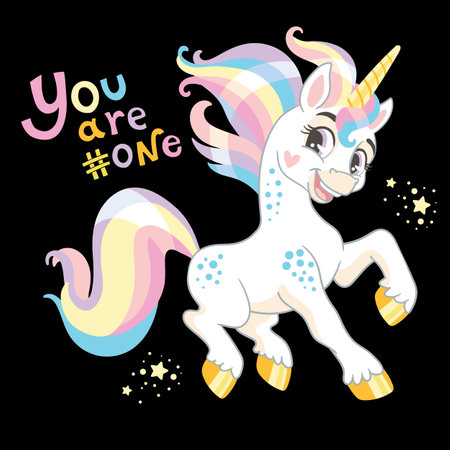 Cute cartoon character happy magic unicorn and lettering You are number one. Vector illustration isolated on a black background. For print, t shirt design, sticker, poster, cards, decoration, clothesのイラスト素材