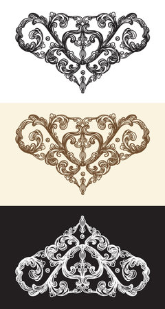 Set of retro style swirl decorative design elements. Vintage damask, baroque filigree wedding scroll ornaments. Engraving retro pattern. Vector illustration. For decoration, cards, invitationのイラスト素材