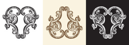 Set of hand drawing retro baroque design element. Vintage Victorian frame border floral ornament scroll leaf engraving style. Isolated vector engraving illustrations for decoration, cards, invitationのイラスト素材