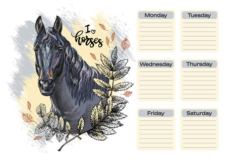 Beautiful hand drawing black close up horse with leaves. School schedule, weekly planner, time table design, organizer sheet. Printable engraving vector illustration. Ready to print design.のイラスト素材