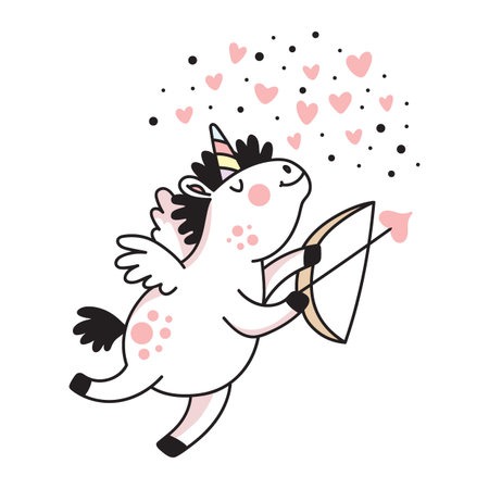 Cute cartoon unicorn with wings Cupid, surrounded by hearts, holds a bow and arrow. Isolated vector illustration in doodle style. For kids design of prints, posters, cards, stickers, pads.のイラスト素材