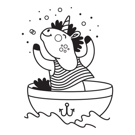 Cute cartoon brave unicorn in a vest in a bathtub with an anchor and waves. Black and white isolated vector illustration in doodle style. For kids design, print, coloring, poster, card, sticker, padのイラスト素材