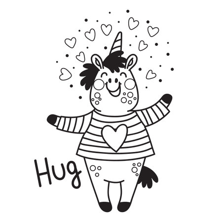 Cute cartoon unicorn wants to hug. Black and white isolated vector illustration in doodle style. For kids design of prints, coloring, posters, cards, stickers, pads.のイラスト素材