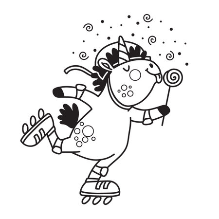 Cute cartoon unicorn racing on roller skates and eating a lollipop. Black and white isolated vector illustration in doodle style. For kids design of prints, coloring, posters, cards, stickers, pads.のイラスト素材