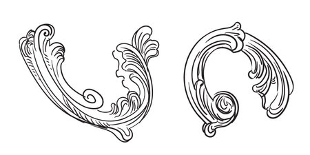 Vintage Baroque engraved design elements. Set of decorative ornament. Sketch of ornate monogram. Black calligraphic vector illustration. Old fashioned vignette ornament. For decoration, print, designのイラスト素材