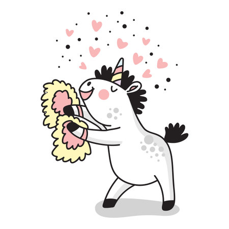 Cute cartoon smiling and dancing unicorn cheerleader. Isolated vector illustration in doodle style, trendy pastel colors. For kids design of prints, posters, cards, stickers, pads.のイラスト素材