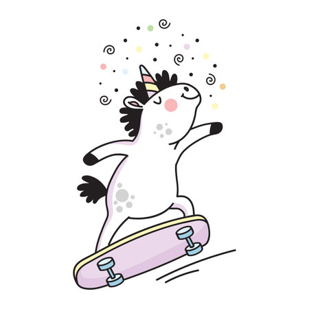 Cute cartoon smiling unicorn racing on a skateboard. Isolated vector illustration in doodle style, trendy pastel colors. For kids design of prints, posters, cards, stickers, pads.のイラスト素材