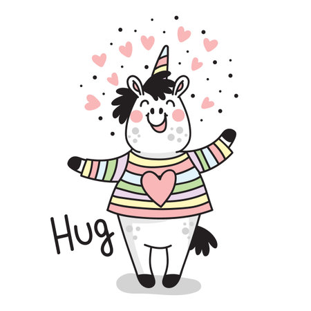 Cute cartoon unicorn wants to hug. Isolated vector illustration in doodle style, trendy pastel colors. For kids design of prints, posters, cards, stickers, pads.のイラスト素材