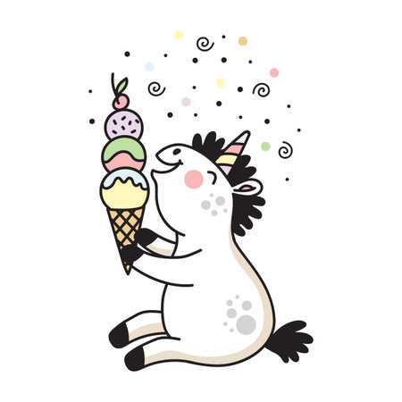 Cute cartoon smiling unicorn eating a big ice cream. Colored isolated vector illustration in doodle style, trendy pastel colors. For kids design of prints, posters, cards, stickers, pads.のイラスト素材