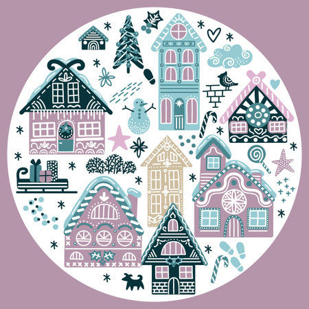 Collection with cozy Christmas houses and snowflake. Holiday decorations. Design elements for scrapbooking. Vector illustration in hand drawing style. Winter elements for design, print and decorationsのイラスト素材