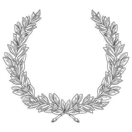 Hand drawn wreath of laurel leaves vector isolated illustration. Old style graphic design element. Engraved monochrome round frame on a white background. For design, print, fabric, invitation and weddingのイラスト素材