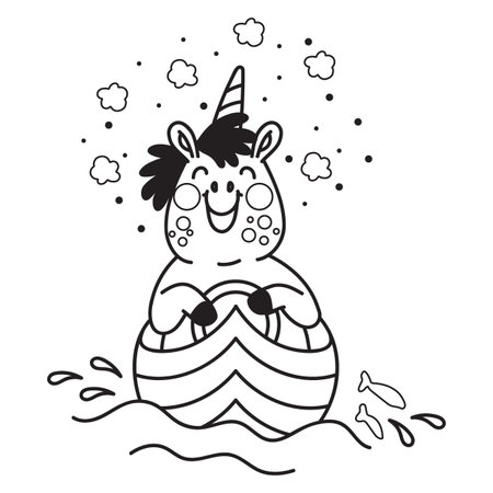 Cute cartoon unicorn swimming in a little boat. Black and white isolated vector illustration in doodle style. For kids design of prints, coloring, posters, cards, stickers, pads.のイラスト素材