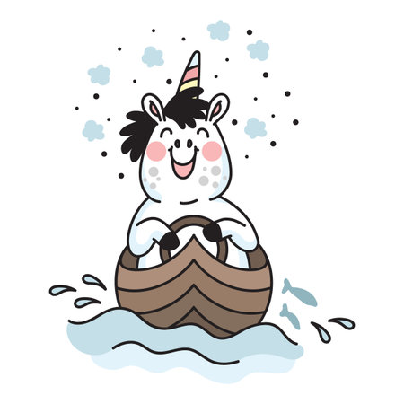 Cute cartoon unicorn swimming in a little boat. Colored isolated vector illustration in doodle style. For kids design of prints, coloring, posters, cards, stickers, pads.のイラスト素材