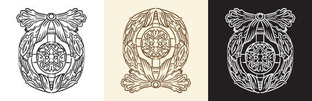 Realistic hand drawn round shape design element with a wreath Vintage baroque engraved ornament scroll decorative monogram, filigree calligraphic vector illustration. For cards, invitation, designのイラスト素材