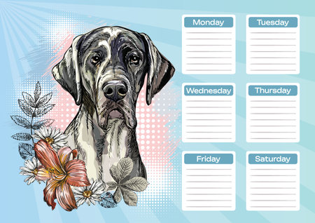 Great Dane with autumn leaves on a blue background. School schedule, weekly planner, time table...
