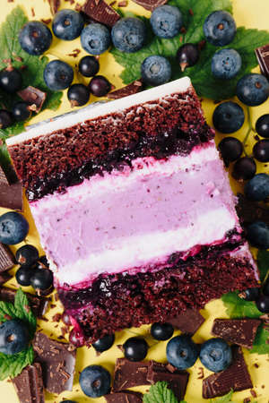 Slice of cake in the section on the background of fruitの写真素材