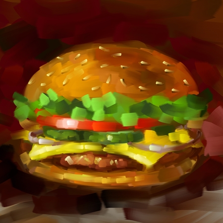 Sandwich with salad, tomatoes, cucumbers and a meatball in the style of paintingの写真素材