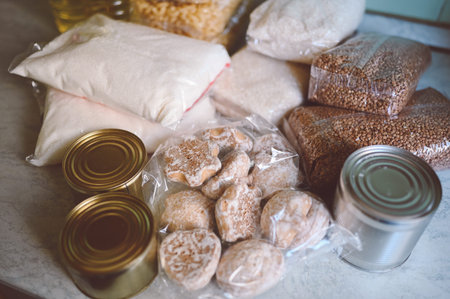 Volunteer donation various product set for poor or elderly people. Pandemic coronavirus food...