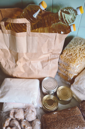 Volunteer donation various product set for poor or elderly people. Pandemic coronavirus food...