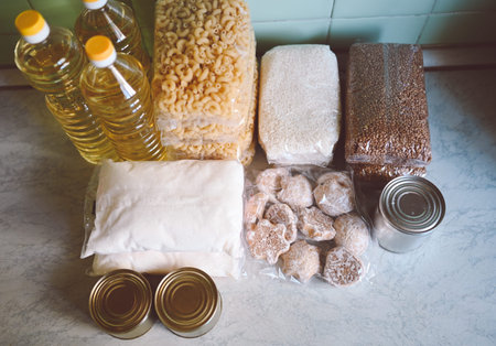 Volunteer donation various product set for poor or elderly people. Pandemic coronavirus food...