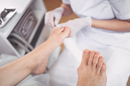 Pedicurist doing professional medical pedicure procedure in beauty salon with special instrument....