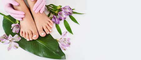 Beautiful perfect female skin legs feet top view with tropical flowers and green palm leaf. Nail polish, care and clean, spa pedicure treatment in white. Concept on a white background. Copy spaceの写真素材