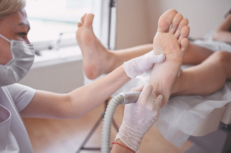 Podiatrist doctor using grinding equipment and making procedure polish for feet pedicure. Podology...