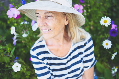 Happy smiling elderly senior woman having fun posing in summer garden with flowers in straw hat. Farming, gardening, agriculture, retired old age people concept. Growing organic plants on farm.の写真素材