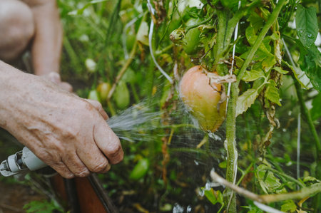 Elderly senior hands watering plants with hose in garden greenhouse. Drops of water on unripe...