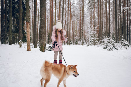 Happy family weekend - little cute girl in pink warm outwear walking having fun with red shiba inu dog in snowy white cold winter forest outdoors. Kids sport vacation activities conceptの写真素材