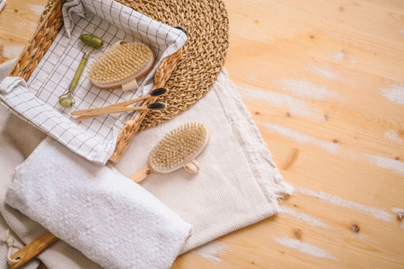 Zero waste bathroom accessories flat lay wooden desk background, spa body care concept. Natural...