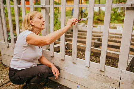 Elderly senior gardener woman paints wooden fence white color at summer farm countryside outdoors using paint brush. Repaid and renovation, retired active old age people conceptの写真素材