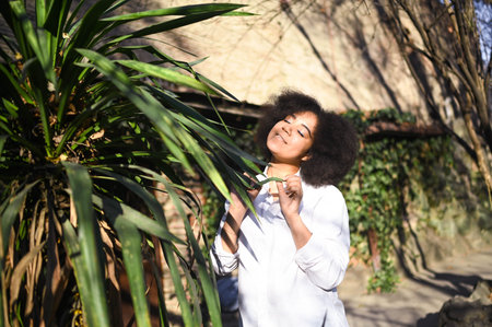 Fashion close up stylish portrait of attractive young natural beauty African American woman with afro hair in white shirt posing outdoors with green palm. Happy lady laugh with perfect smile and teethの写真素材