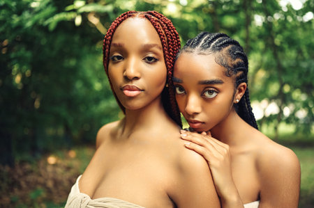 Fashion Close up outdoor portrait Beautiful young African American female couple with braids hair posing at sunny summer day green foliage. Cosmetology, perfect skin care, spa. Natural face treatmentの写真素材