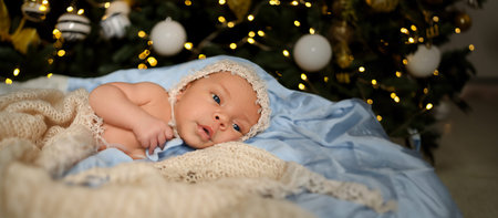 New Year Christmas holidays scene - cute newborn baby boy in funny hat lying on knitted beige blanket with Christmas festive tree gold toys and lights garland. Infant child items concept, Nurseryの写真素材