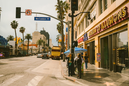 16 March 2024, Los Angeles USA. Hollywood Boulevard Walk of Fame The theater district is a famous...