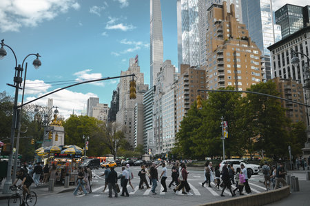 New York, USA, May 7 2023. Streets full of people crowd in Manhattan in the summer. Big city urban life concept background. Famous attractions places, touristic buses and yellow cabsのeditorial素材