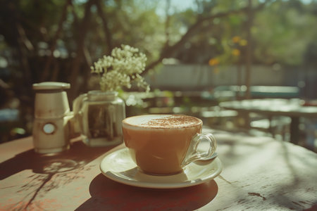 Coffee cup on table outdoors in pastel colors, Vintage retro style sidewalk cafe sceneの素材