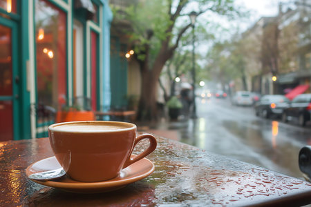 Coffee cup on table outdoors in pastel colors, Vintage retro style sidewalk cafe sceneの素材