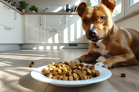 Happy dog licks eats pet healthy dry food from white plate in a modern kitchen with white cabinets and light grey countertops. Sunlight pours in from large window, illuminating the dogs glossy coatの素材