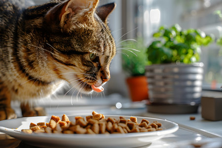 A curious happy cat licks eating cat food from white plate in a modern kitchen with white cabinets and light grey countertops. Sunlight pours in from large window, illuminating the cats glossy coatの素材