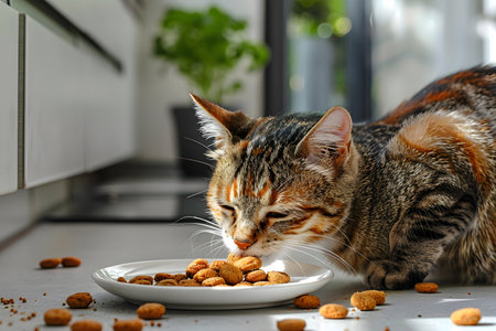 A curious happy cat licks eating cat food from white plate in a modern kitchen with white cabinets and light grey countertops. Sunlight pours in from large window, illuminating the cats glossy coatの素材