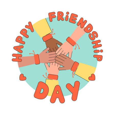 Friends holding hands in friendship bracelets. Happy friendship day greeting card design. DIY wristbandsのイラスト素材