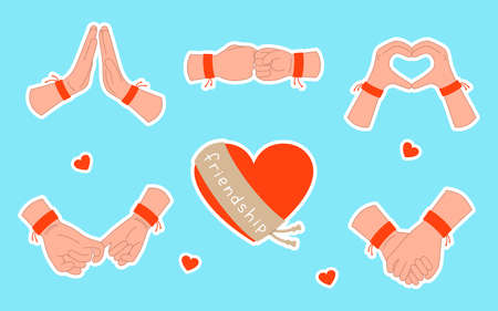 Set of stickers with poses of human hands in friendship bracelets. International Friendship Day vector illustration. Gestures and heart stroke isolated on blue background.のイラスト素材